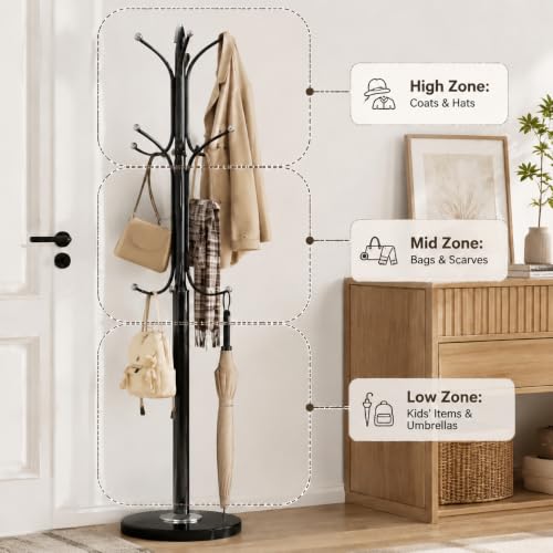 AUTOYSUR Metal Coat Rack Stand with Natural Marble Base, Tree Coat Rack Stand, Free Standing Hall Tree with 12 Hooks for Hanging Scarf, Bag, Jacket, Home Entry-way Hat Hanger Organizer (Black)