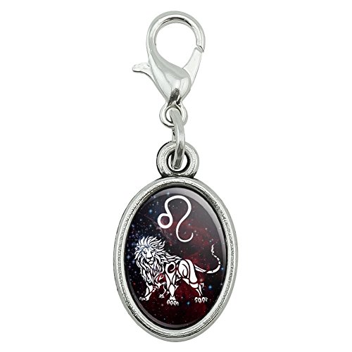 Leo Lion Zodiac Sign Horoscope in Space Antiqued Bracelet Pendant Zipper Pull Oval Charm with Lobster Clasp