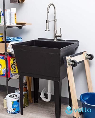 Black Utility Sink Laundry Tub with Commercial Grade Stainless Steel Pull Down Sprayer Faucet, Integrated Supply Lines, and Drainage are Included, Free Standing Wash Station, Heavy Duty Floor Mounted