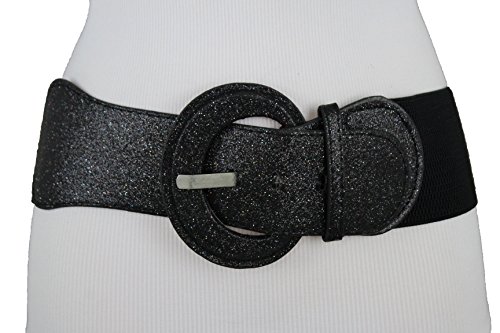 TFJ Women Fashion Elastic Belt Hip High Waist Sparkling Glitter M L XL Metallic Black