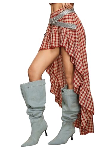 BEAUDRM Women's Plaid Long Skirt Gingham High Waisted Asymmetrical Ruffle A Line Flowy Summer Skirts Red Large at Amazon