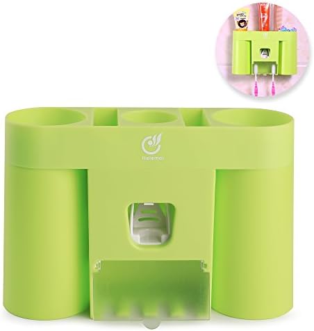 Wall Mounted Toothbrush Holder with Dustproof Cover, 2 Suction Cups, Automatic Toothpaste Dispenser Squeezer for Dental Oral Care Bathroom Accessories Storage Organizer Set (Grass green)