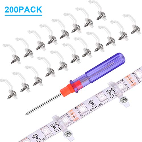 200 Pack LED Strip Clips - iCreating LED Light Strip Mounting Bracket Clips for 10mm Wide IP65 Waterproof 5050 3528 2835 5630 LED Strip Light, One Side Fixing, with 200pcs Screws and 1pcs Screwdriver