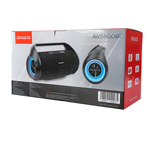 Aiwa Bocina Inalámbrica AWS800BT con 70 W RMS, Bluetooth 4.2, TWS, IPX5 Resistente al Agua, Radio FM, Iluminación RGB, Batería 3600 mAh, Entrada USB y Diseño Portátil Color Negro