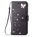 Lozeguyc Galaxy S10 Plus Bling Handmade Crystal Rhinestone Case,3D Beauty Lucky Flowers Butterfly PU Leather Credit Card Kickstand Strip Wallet Cover for Samsung Galaxy S10 Plus-Black