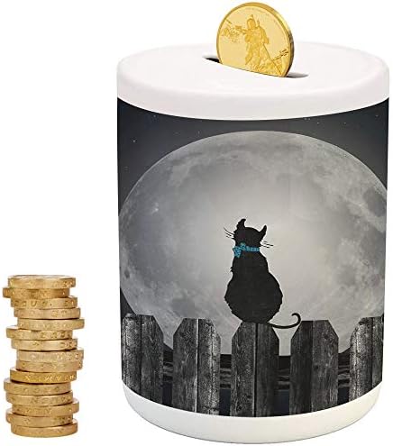 Moon,Ceramic Girl Bank,Top Slot Porcelain Nursery Décor Baby Bank,Silhouette of a Cat Looking to Full Moon While Sitting on The Fence Animal Decorative