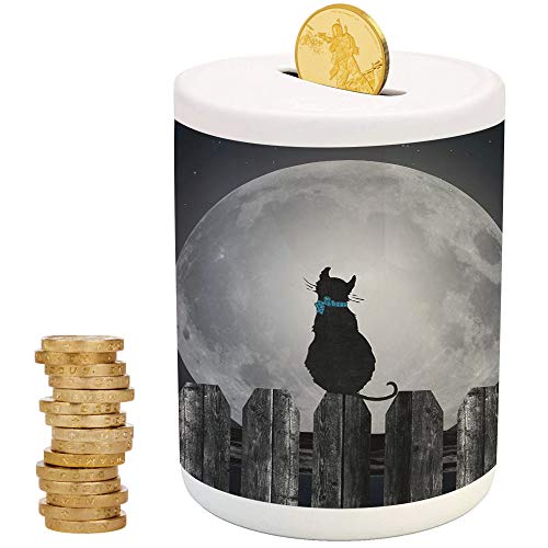 Moon,Ceramic Girl Bank,Top Slot Porcelain Nursery Décor Baby Bank,Silhouette of a Cat Looking to Full Moon While Sitting on The Fence Animal Decorative