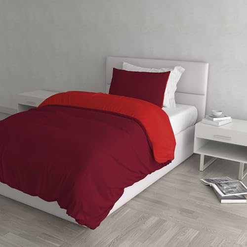 Italian Bed Linen Natural Color Duvet Cover Set with Doubleface Solid Colour Bag Sheet and Pillowcase, 100% Cotton, red/Bordeaux, small double