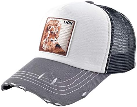 Mens Animal-Farm-Trucker-Hat, Embroidered Distressted-Baseball-Caps (Beige - Lion)