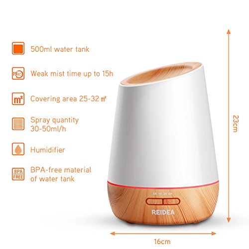 REIDEA 500ml Aromatherapy Essential Oil Diffuser Humidifier with 7 Color Breathing LED Lights