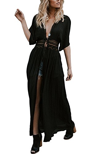 luvamia Women's Black Open Front Bikini Cover Up Short Sleeves Long Maxi Beach Dress Swimwear Kimono Swimsuit Size XL
