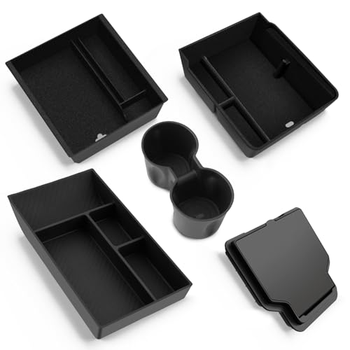 LANTU 5pcs Accessories for Tesla Model Y 2025-2026, Junior Center Console, Silicone Organizer Tray, Armrest Storage Box, Hidden Box and Cup Holder (Flocking)