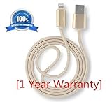 Lightning USB Charging Cable 6ft Extra Long Cord for Iphone 6s 6s+ 6plus 6, 5s 5c 5,ipad Air Mini Min2, Ipad 4,ipod 5,ipod 7, Ios9. With Aluminum Connector, Nylon Braided [1 Year Warranty] (Golden)