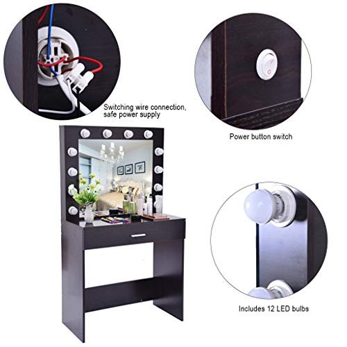 FunDiscount Vanity Set with Lighted Mirror, Cushioned Stool and Drawers, Modern Makeup Vanity Dressing Table Dresser Desk Vanities Bench for Bedroom Living Room Girls Dressing Room (Black) - Thumbnail 5