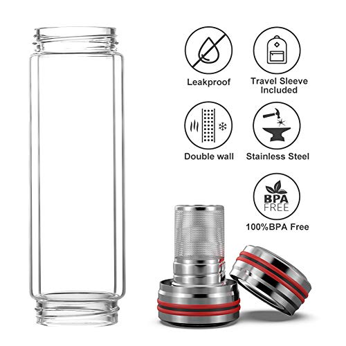 BINE 14oz Glass Tea Infuser Bottle Tumbler Strainer for Loose Leaf, Herbal, Green or Ice Tea Cold Brew Coffee Mug or Fruit Infusion Hot or Cold Water Travel Bottle Free Travel Sleeve - Thumbnail 3