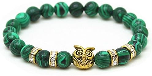 LSVTR Women Men Antique Owl Head Natural Energy Gemstone Malachite Bracelet - Bronzed