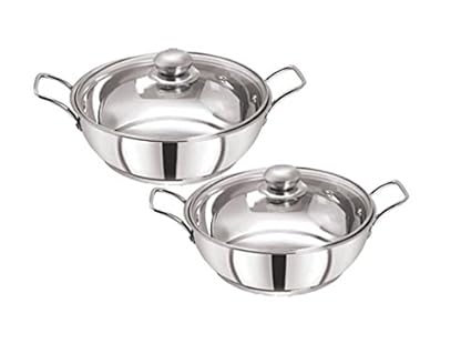 Pristine Stainless Steel Induction Compatible Sandwich Base Kadai Set with Glass Lid, 22cm