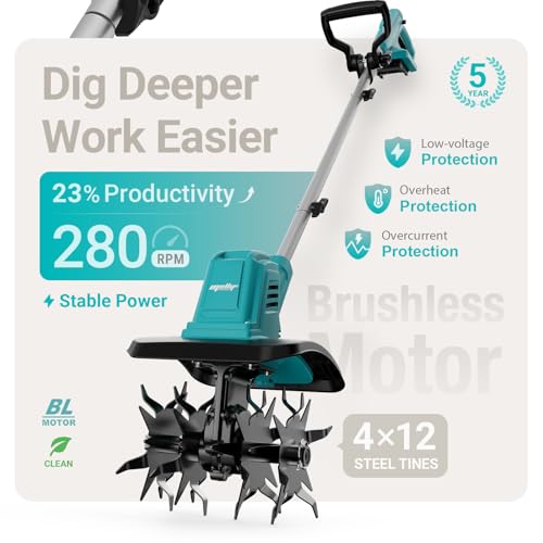 Cordless Brushless Garden Tiller Cultivator Compatible with Makita 18v Battery (Tool Only), 10’’ Wide 7’’ Deep Electric Soil Rototiller, 48-Tine Mini Rotary Aerator for Garden Beds & Soil Preparation