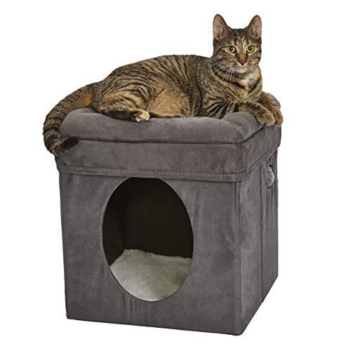 MidWest Homes for Pets New World Cat Cube in Gray Faux Suede w/Cushioned Cat Bed Topper | Cat Cube Measures 15.5L x 15.5W x 16.5H Inches | 1-Year Manufacturer's Warranty (Best Cube In The World)