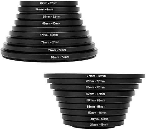 Camera Lens Filter Adapter Ring Kit, 9 Pcs Step Up Rings 37-82mm, 9 Pcs Step Down Rings 82-37mm for 37mm 49mm 52mm 55mm 58mm 62mm 67mm 72mm 77mm 82mm Filter Size Mount