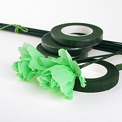 3 Rolls Flower Paper Tape with 50 Pieces Floral Stem Wire 16 Inch for Bouquent Stem Wrapping and Crafts, Dark Green