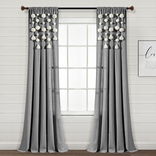 Lush Decor Boho Pom Pom Tassel Linen Window Curtain Panel (Single Panel), 95 L x 52 W, Dark Gray
