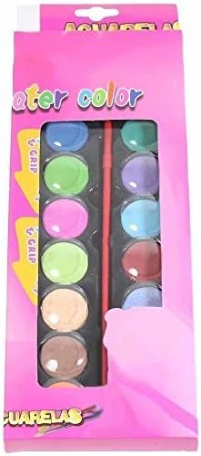 Watercolour Girl's Kids Colour Paint cake set 12 Colours with paint brush (Pink)