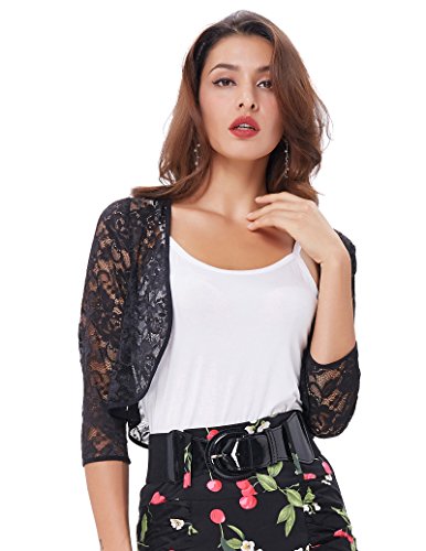 Lace Cardigan Lightweight Shrug Top for Women 3/4 Sleeve (Black,L) KK430