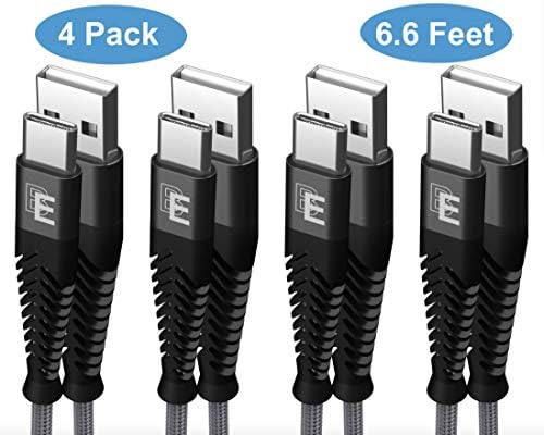 USB Type C Cable, Beam Electronics (4-Pack 6.6FT) USB A to USB-C Fast Charging Nylon Braided USB C Cable for Samsung Galaxy S10 S9 S8 Plus Note 9 8, Moto Z, LG V30 V20 G5, Nintendo Switch (Grey)