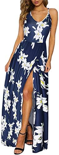 Women's Summer Floral Tie Back Adjustable Spaghetti Strap Maxi Dress Split