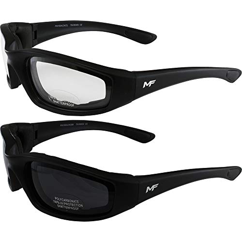 2 Pair of MotoFrames Payback Padded Motorcycle Sunglasses Black Frames 1 with Clear Lens 1 with Smoke Lens