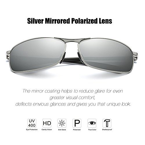 ZHILE Rectangular Polarized Sunglasses Al-Mg Alloy Temple Spring Hinge UV400 (Silver, Silver mirrored)