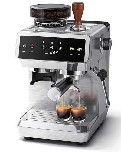 AMZCHEF 20-Bar-Bean-to-Cup-Coffee-Machines with Grinder | Automatic Coffee Machine for Home, 44 Grind Settings & 4-Temp Control | 8mm Milk Frother for Latte, Cappuccino & Cold Brew, Stainless Steel