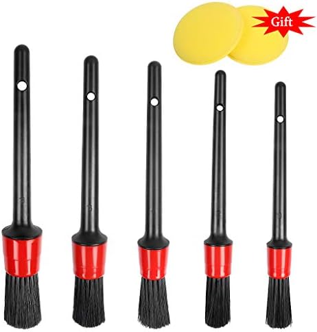 KELYDI Car Detailing Brush Set, 5pcs Auto Cleaning Brushes with 2 Waxing Sponge Pads for Wheel Air Vent Dashboard Leather Interior Engine Clean
