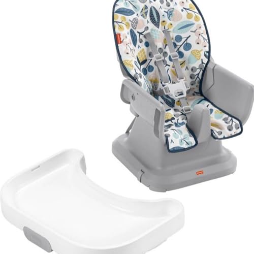 Fisher-Price SpaceSaver High Chair Navy Foliage, portable infant-to-toddler dining chair and booster seat with easy clean up features