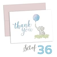 Beautiful Baby Shower Thank You Cards (Set of 36 Cards + Envelopes) - Watercolor Elephant & Balloon - Bulk Set - By Palmer Street Press (Blue)