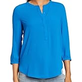 NYDJ womens Solid 3/4 Sleeve Henley Pleat Back Blouse