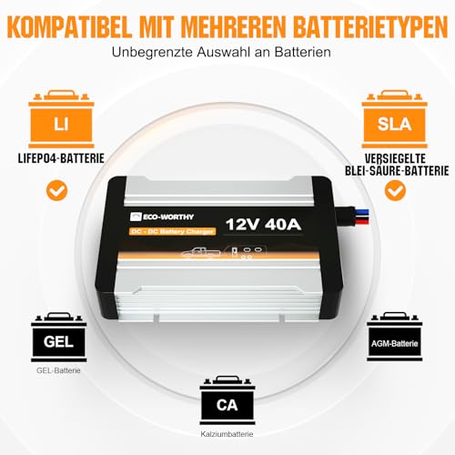 ECO-WORTHY Charging booster 12 V 40 A DC-DC battery charger for LiFePO4 battery, gel, charging booster for motorhomes, caravans