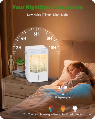 Portable Air Conditioner 1500ML, Evaporative Air Cooler with 2 Spray Modes & 4μm Fine Mist, Remote Control, Quiet Air Conditioner 5 Wind Speeds, Auto-off Timer, 7 LED Lights for Bedroom Office Travel