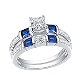 Wuziwen Engagement Wedding Rings Set for Women Created Blue Sapphire Cz Sterling Silver Size 5-10