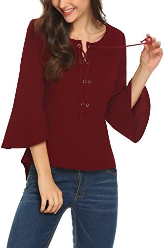 Venena Women's Lace Up Blouse Trumpet Long Bell Sleeve Flare Knit Top