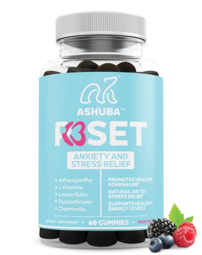 ASHUBA Reset Stress Relief Gummies| Ashwagandha, Lemon Balm, Passionflower, L-theanine, Chamomile | Boosts Energy, Supports Mood, Relaxes Mind & Body| Vegan, Non-GMO & Lab Tested-60 Gummies