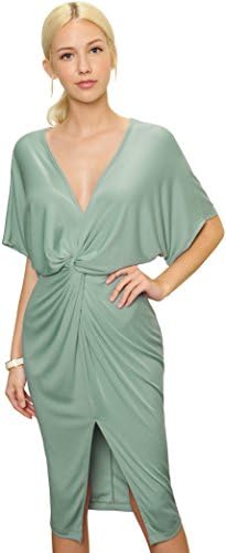 Trend Director Women's Draped Knotted Front Slit V Neck Stretchy Midi Dress in Mint, Mauve and Black Colors