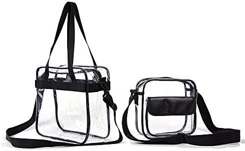 Clear Cross Body Messenger Tote Shoulder Zippered Bag (8x8x3)+ See Through Tote w Adjustable Strap(12x2x6) NFL & PGA & NHL Stadium Approved Vinyl Purse, Travel and Gym Clear Tote Bag (2BAGS)