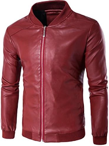 Godeyes Men Pure Color PU Leather Zipper Modern Jakcet Outwear Coat Red 2XL