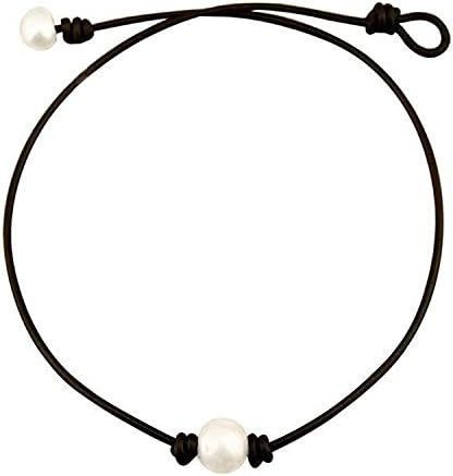 Pearl Leather Choker for Women Single Freshwater Pearl Black Necklace Handmade by Richarde 14"