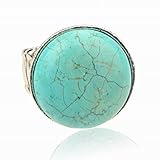 Simple Adjustable VTG Tibet Silver Plated Natural Turquoise Oval Finger Ring