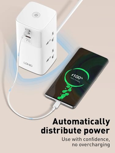1 year warranty - LDNIO 70W Extension Cord Power Strip for Home & Office, 7-in-1 Charging Station with USB & 2 Type-C Ports, 4 Universal Outlets – Includes