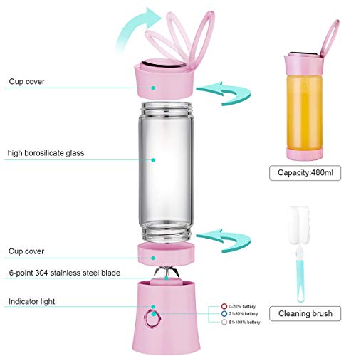 Portable Blender with 16 oz Travel Cup and Lid, USB Rechargeable Personal Smoothie Blender, Cordless Handheld Small Mini Single Serve Juicer Blender