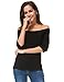 Women Cotton Three Quarter Sleeve Off Shoulder Slim T-Shirt Tops (M, Black)
